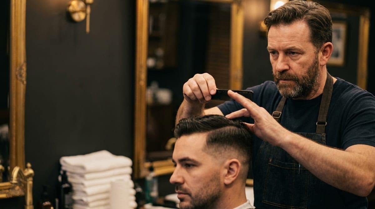 A barber lifting a section of a seated man's hair with a comb to check the length, his other hand steadying the side of the head
