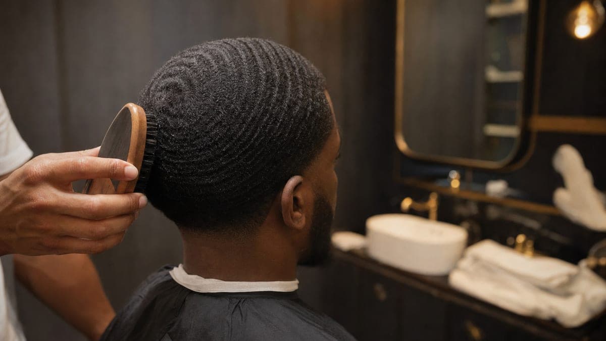 A barber holding a wooden wave brush to the side of a seated man's head, his short black hair brushed into even waves rippling out from the crown