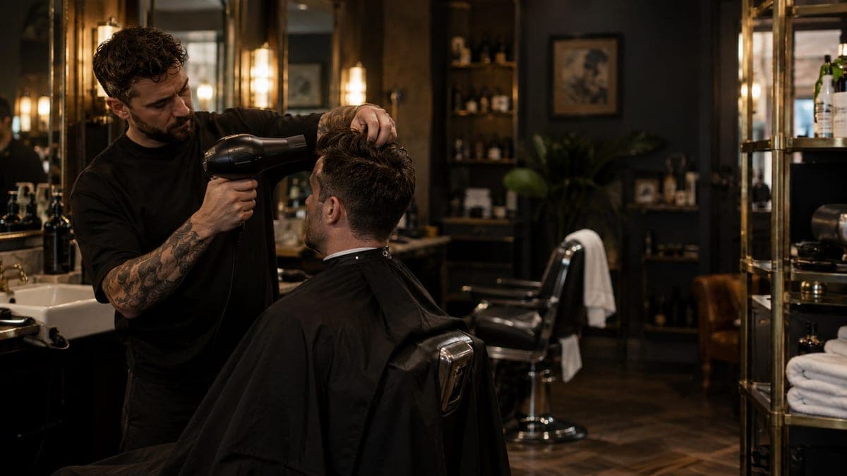A barber drying a customer's hair at the roots with a hairdryer, lifting a section upwards with his fingers