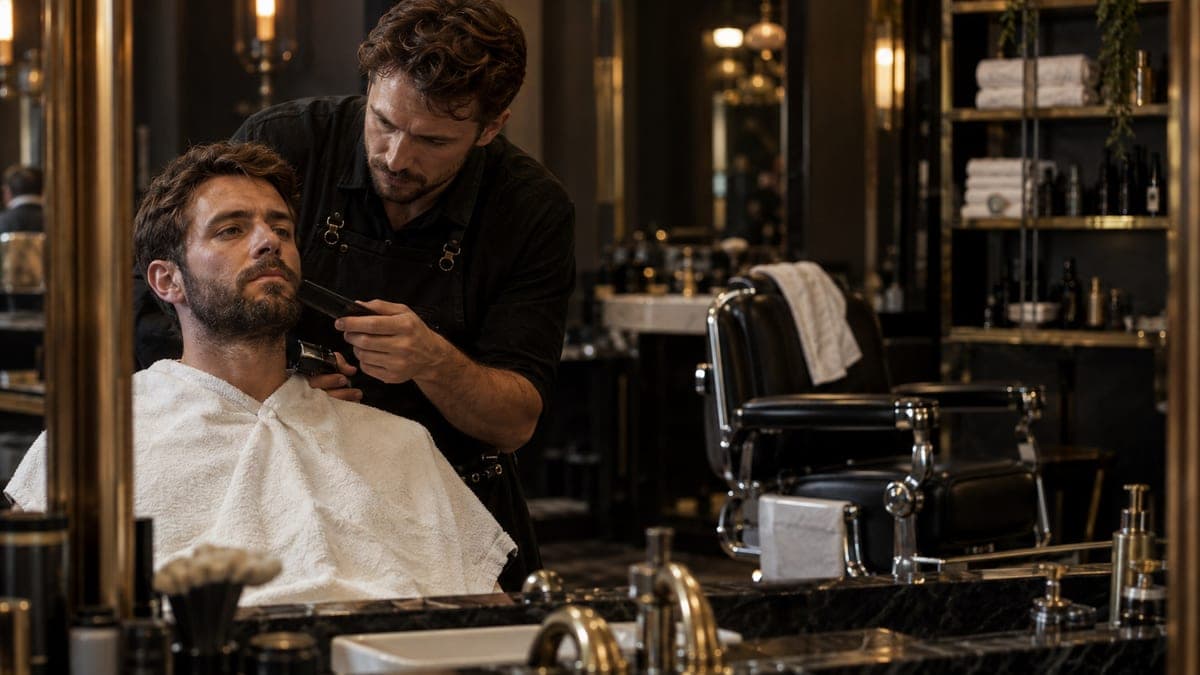 A barber shaping the jawline of a four-week beard with clippers while the customer faces the mirror