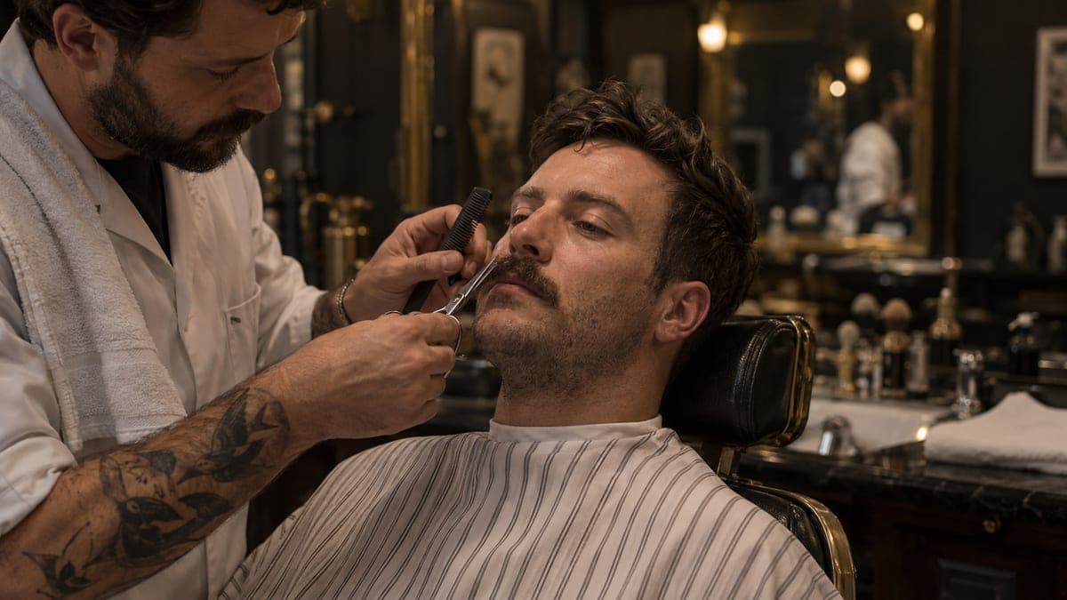 A barber trimming the lip line of a seated man's young moustache with small scissors and a comb, light stubble still on his cheeks and chin