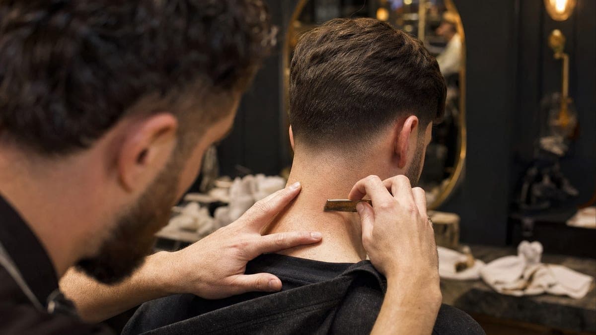 A barber clearing the nape of a seated man's neck with a straight razor, the hair tapering away above the collar