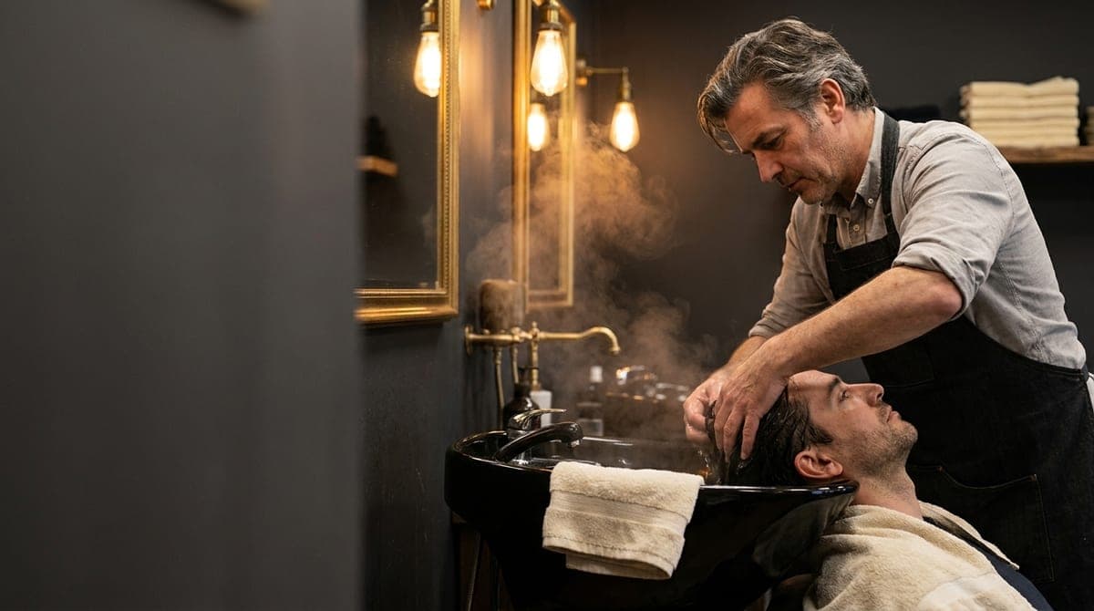A barber washing a customer's hair at the basin under warm shop lighting