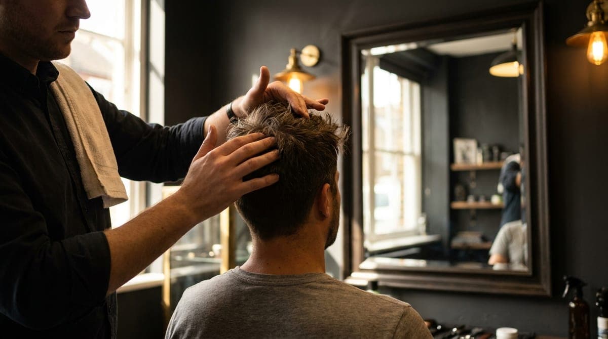 A barber working matte clay through a short textured crop with his fingers in front of the mirror