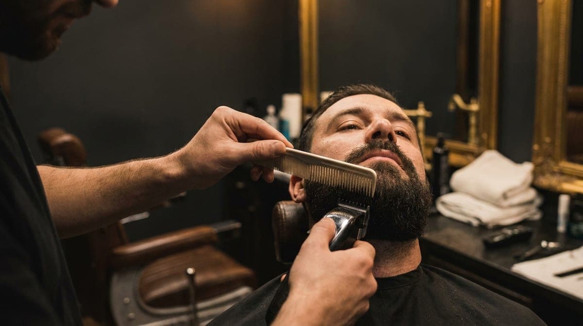 A beard combed flat against the jaw with a wide-toothed comb while a guarded trimmer works along the length underneath