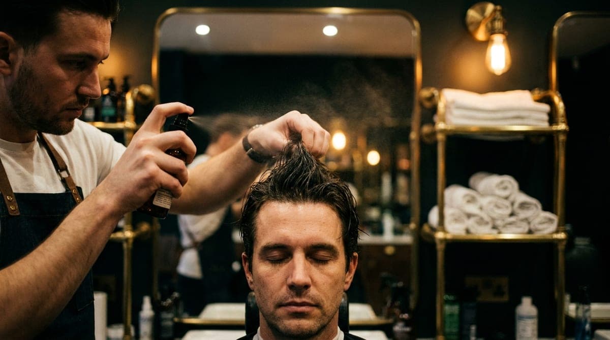 A barber working spray through a customer's damp hair with his fingertips in front of the mirror
