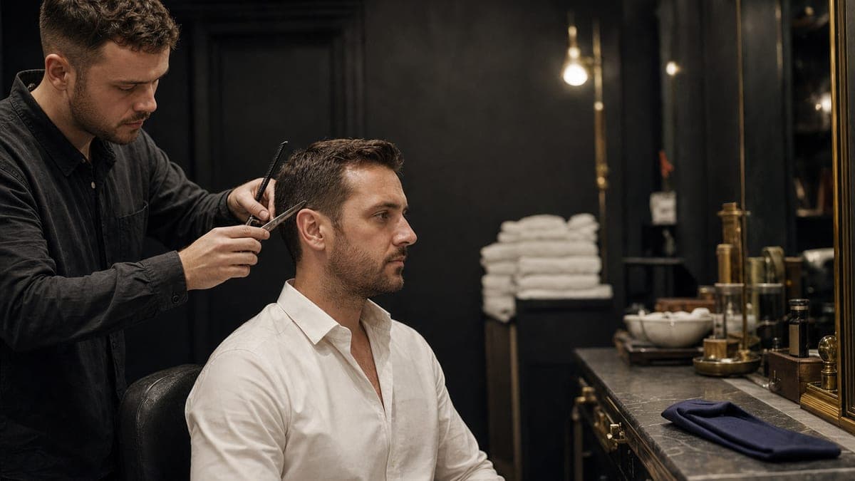 A barber tidying the hair above a seated man's ear with scissors, a folded shirt and tie resting on the counter beside the mirror