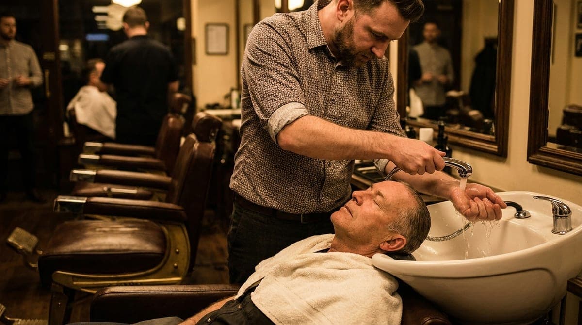 A barber at the basin testing the water on the inside of his own wrist before it touches the reclined customer's hair