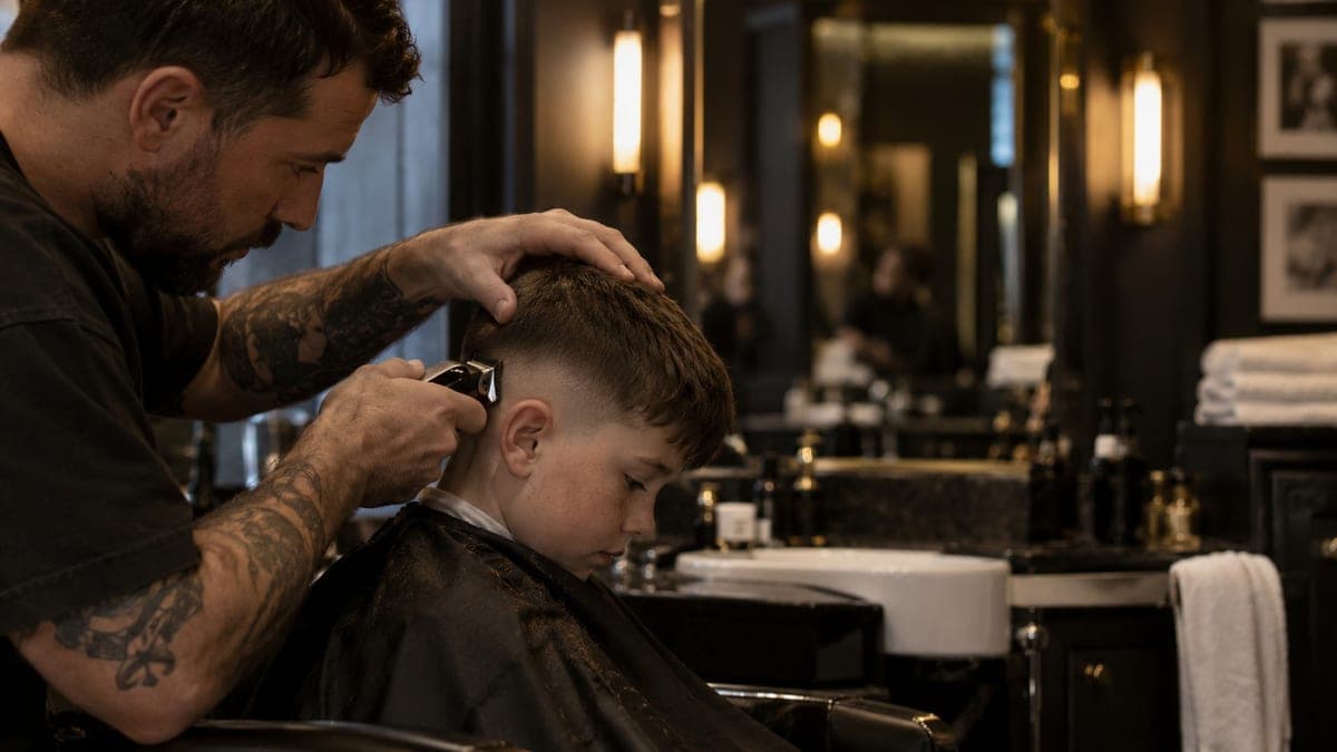 A barber with one hand on a young boy's head, running clippers up behind his ear to blend a low fade while the boy keeps his chin down