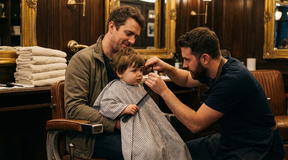 A barber crouching to trim a young boy's fringe with scissors while the boy sits on his father's lap