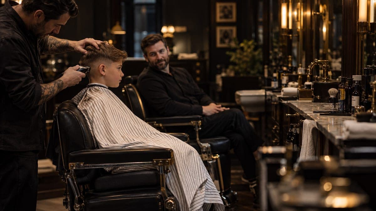 A barber clipping the side of a young boy's hair while his father sits in the next chair watching