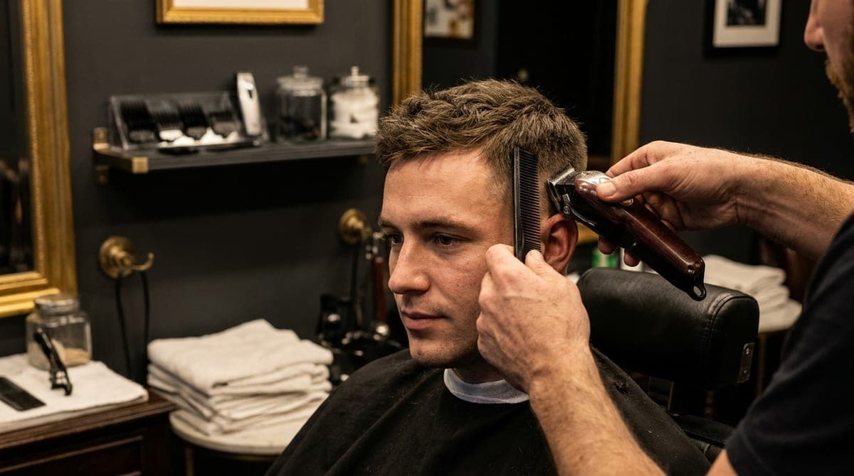 A barber working clippers through the blend just above a customer's ear