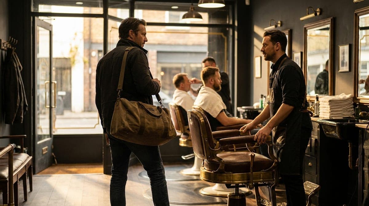 A barber turning a chair towards a customer who has just walked in with a weekend bag over his shoulder