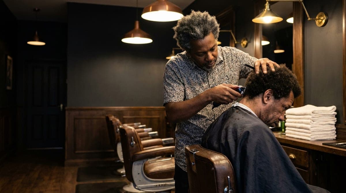 A barber running clippers up the back of a seated man's neck, the chair turned away from the mirror