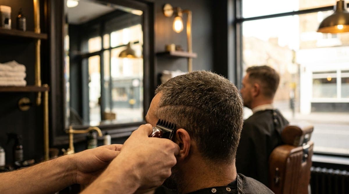 A barber's clippers blending a fade midway up the side of a client's head