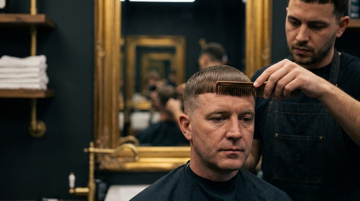 A barber combing a short, straight fringe down over a client's forehead, close sides beneath