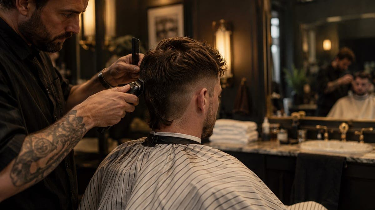 A barber's clippers tapering the side of a seated man's head while noticeably longer hair falls at the back of his neck