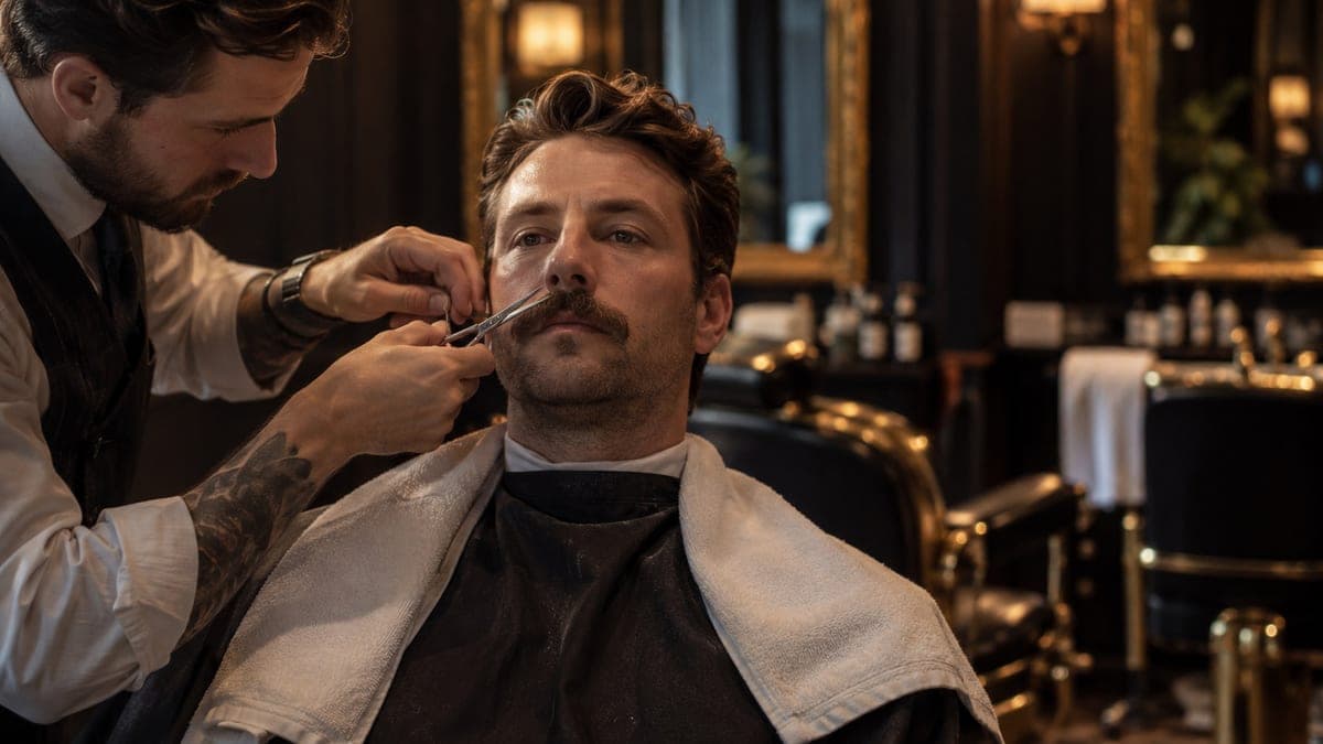 A barber using small scissors to trim a customer's moustache above the lip line