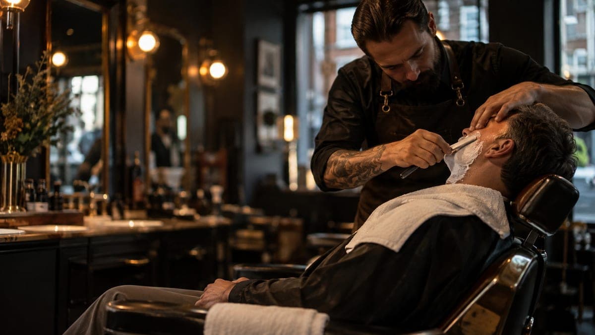 A barber shaving a lathered customer's cheek with a straight razor, the customer reclined with a towel across his chest