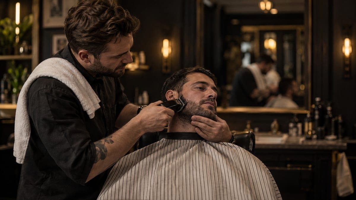 A barber running clippers along the cheek line of a customer's short beard, steadying the man's jaw with his other hand