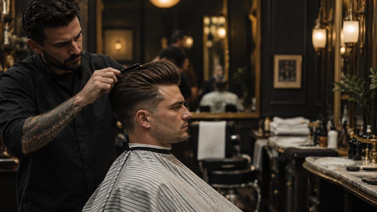 Side view of a man with a tall pompadour and faded sides while a barber combs the top back