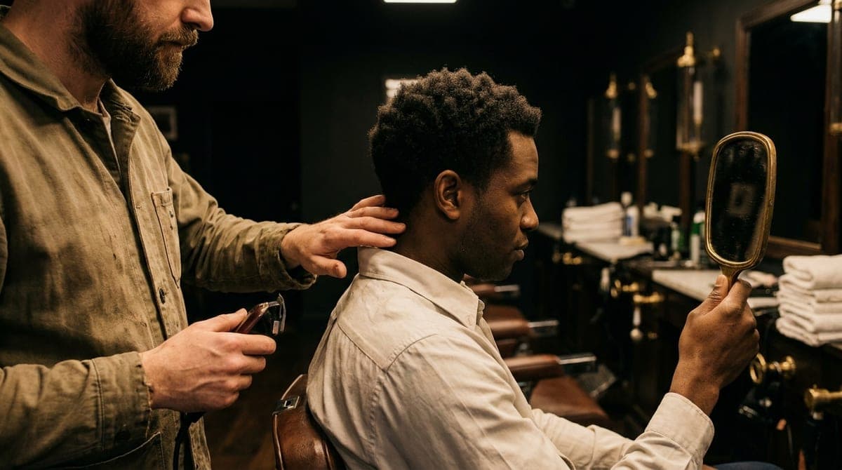 A barber checking the neckline at the back of a short haircut with clippers while the seated customer holds a mirror