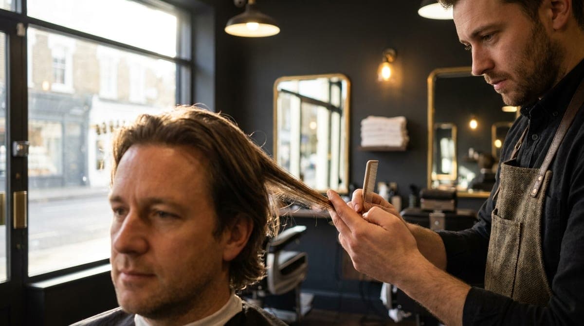 A barber combing through the ends of a customer's hair at the chair, checking the texture in daylight
