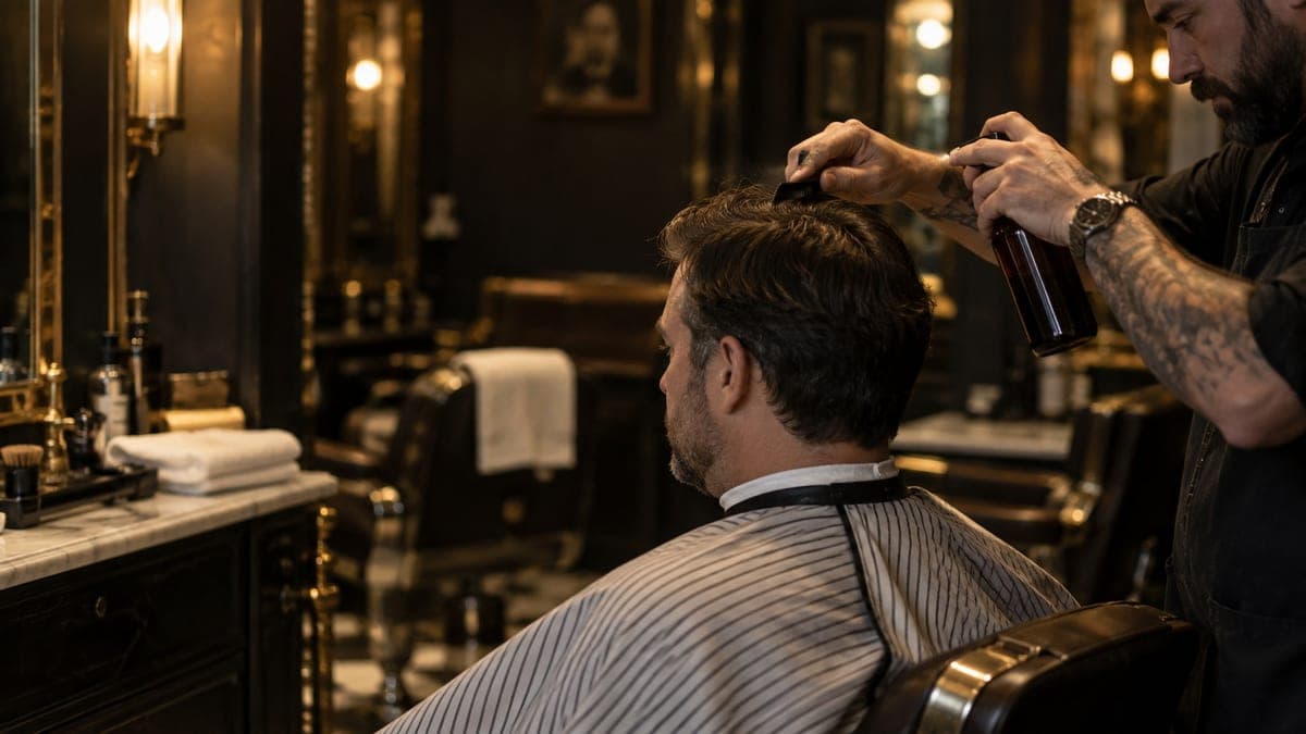 A barber spraying water onto the top of a seated man's hair and combing it through at the crown