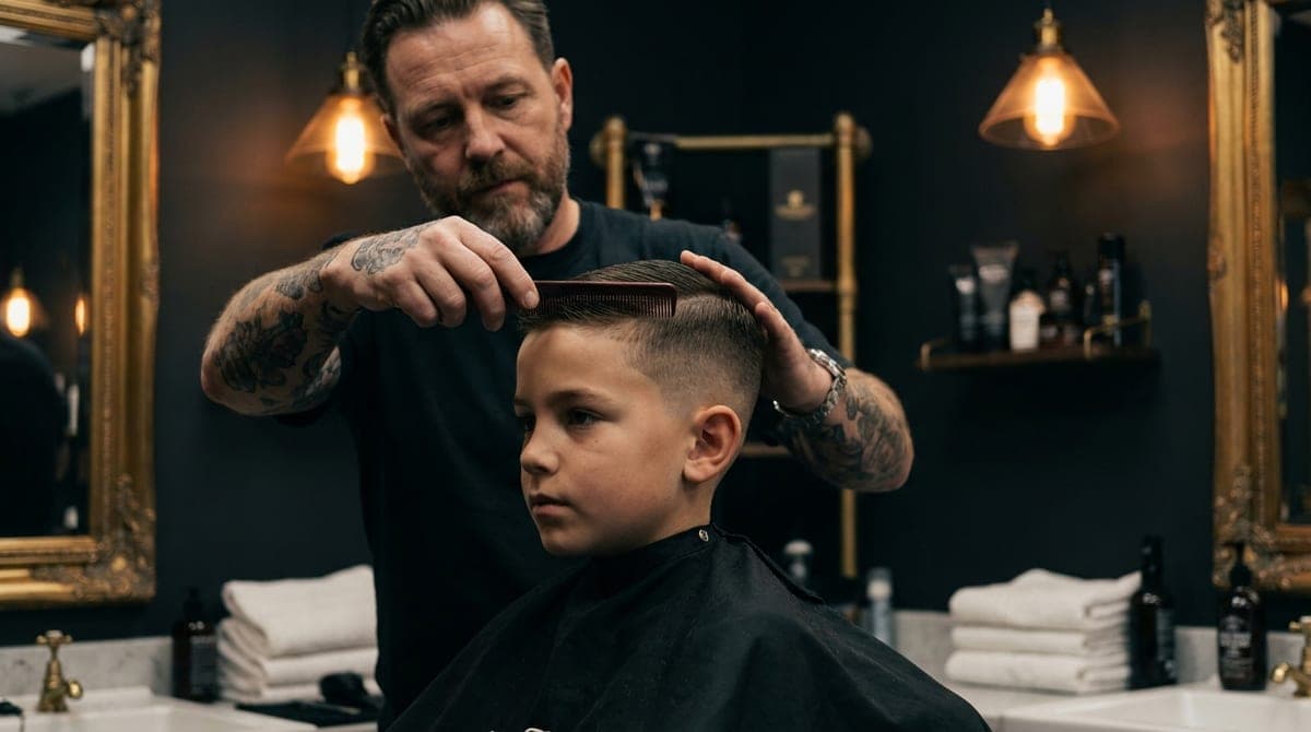 A barber checking the length at the back of a boy's short haircut with a comb while the boy sits straight in the chair