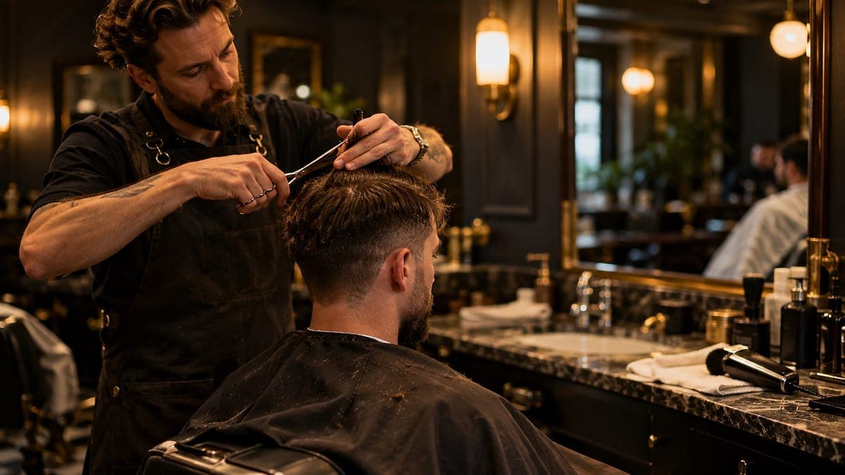A barber cutting the top of a man's hair with scissors, clippers resting on the counter beside the chair