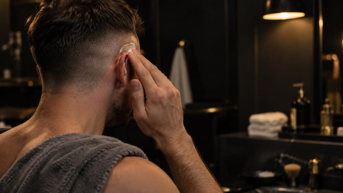 A man pressing a little moisturiser into the shaved strip of his skin fade above the ear, grey towel over his shoulder