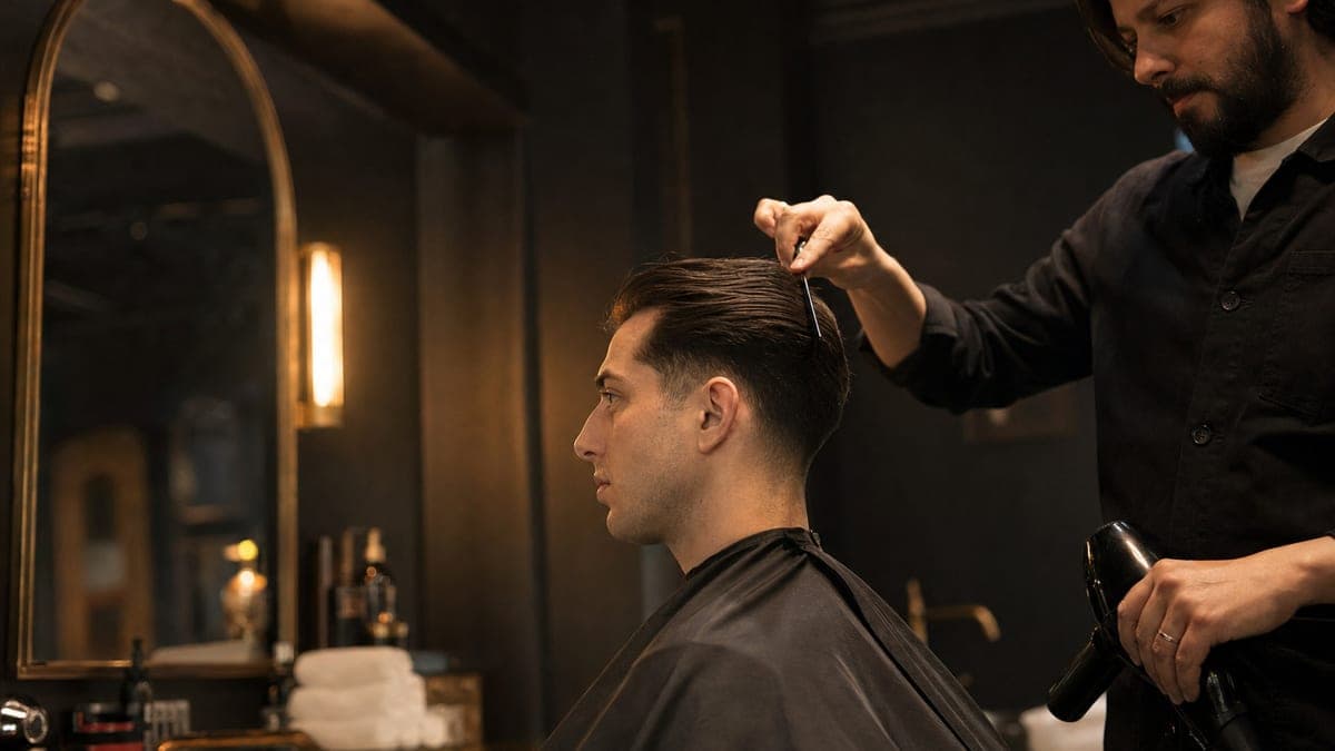 A barber combing a man's dark hair straight back from the forehead, seen from the side in the mirror