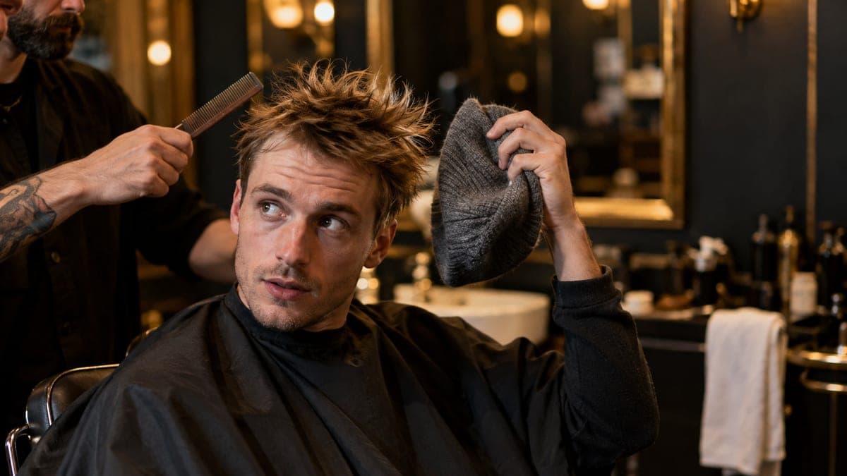 A man in a black barber's gown holding up the grey knitted beanie he has just pulled off, his hair standing up on top, while a barber comes in with a comb