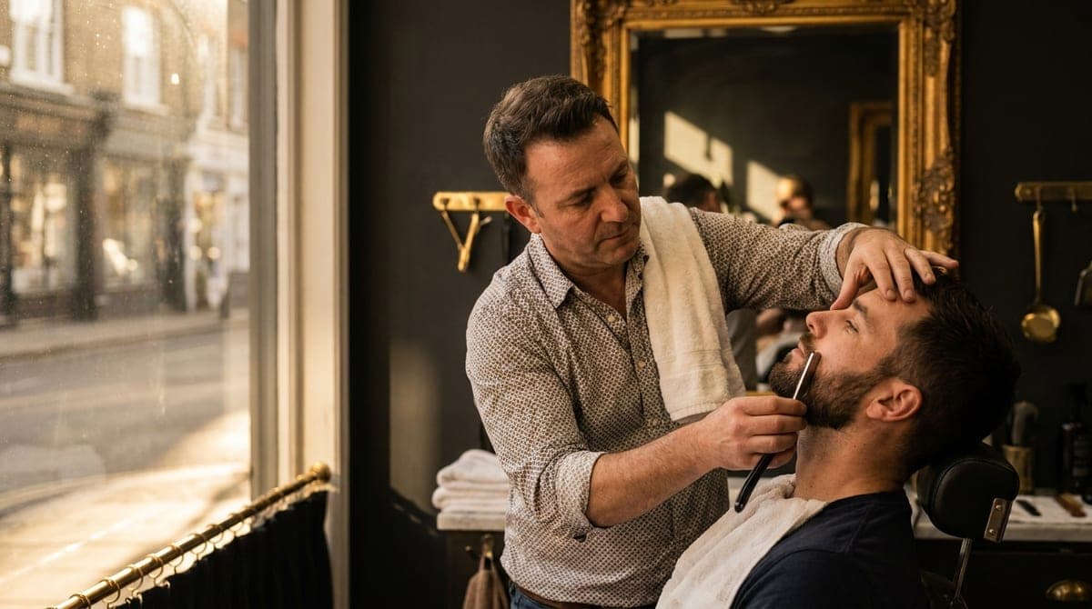 A barber lining up a customer's beard with a straight razor in a warm-lit shop