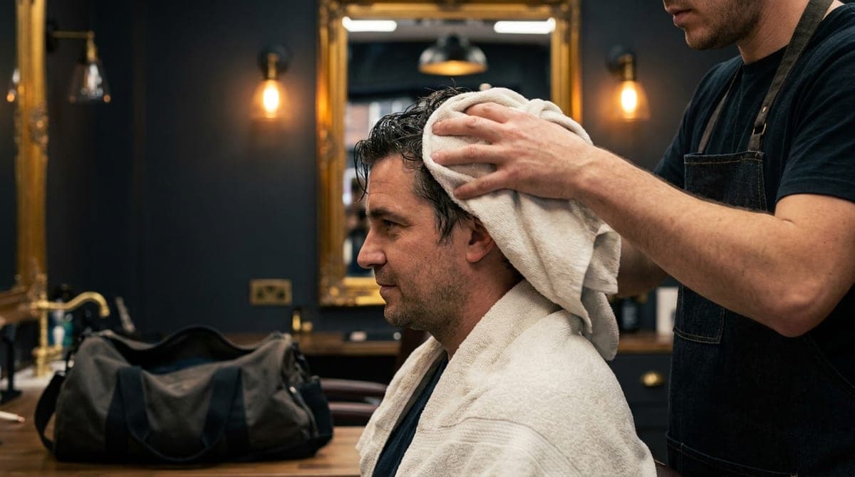 A barber towelling dry a customer's damp hair, a gym holdall on the floor beside the chair
