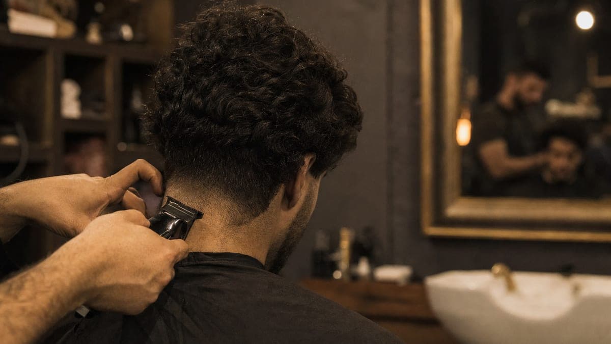 A barber taking clippers up the back of a man's neck, the thick curls above it left full