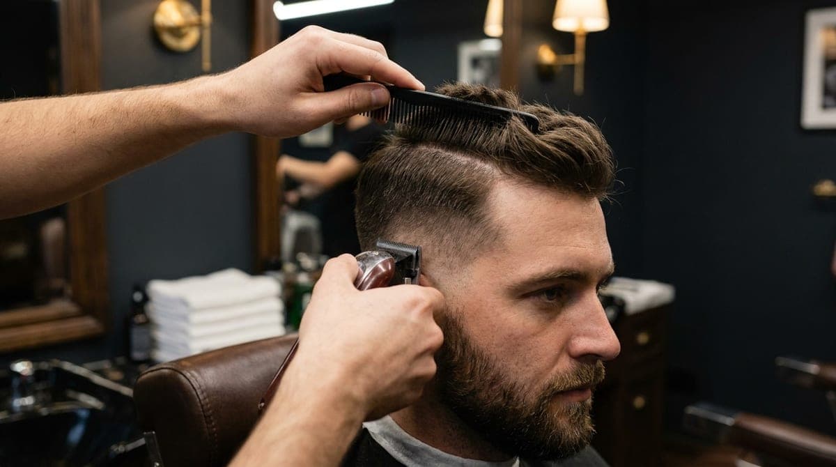 A barber running clippers up the short side of a seated customer's head while holding the longer hair on top clear with a comb