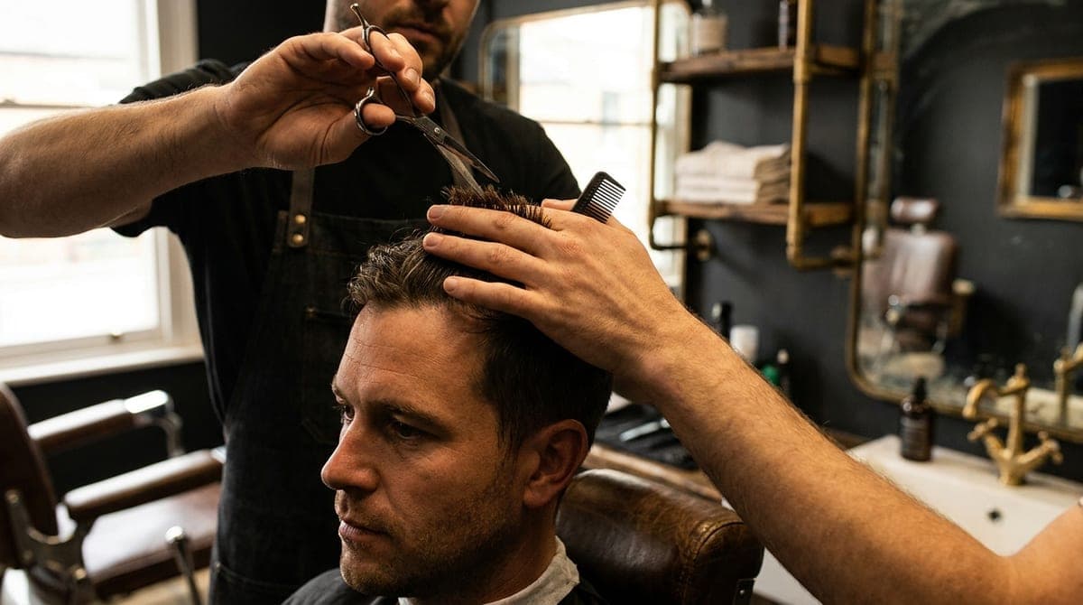 A barber cutting into the ends on top of a short crop, scissors in one hand and a comb in the other