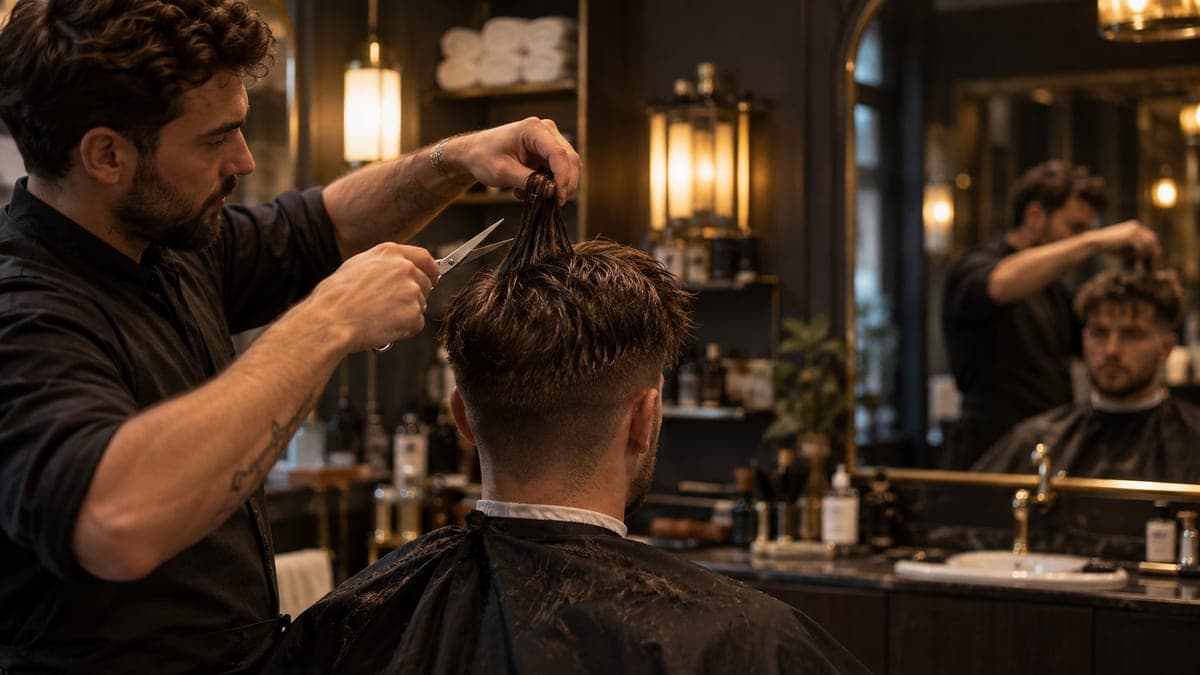 A barber lifting the long top section of hair to check its length above a freshly clippered undercut line