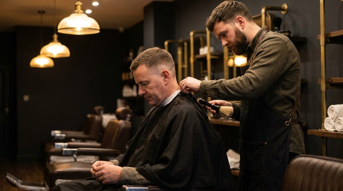 A barber brushing the loose clippings from the back of a seated customer's neck and collar after a short haircut
