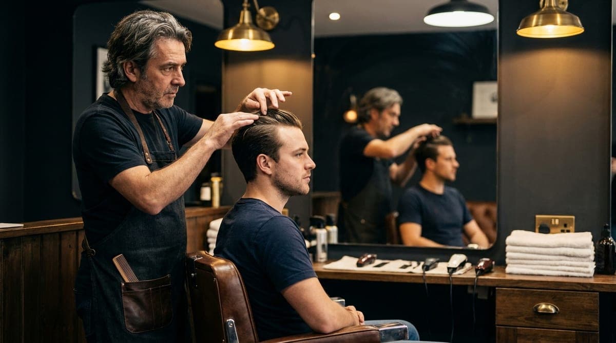 A barber holding a seated man's hair back off his forehead to look at the front hairline in the mirror