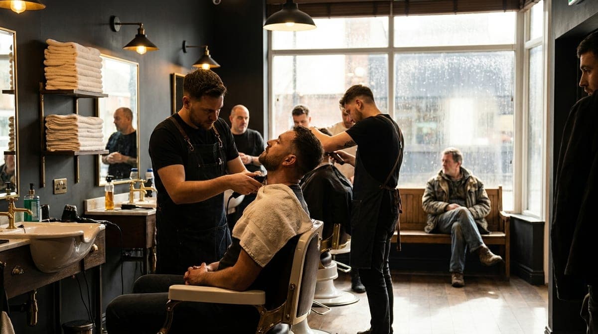 Two barbers cutting at neighbouring chairs with a man waiting on the bench by the shop window