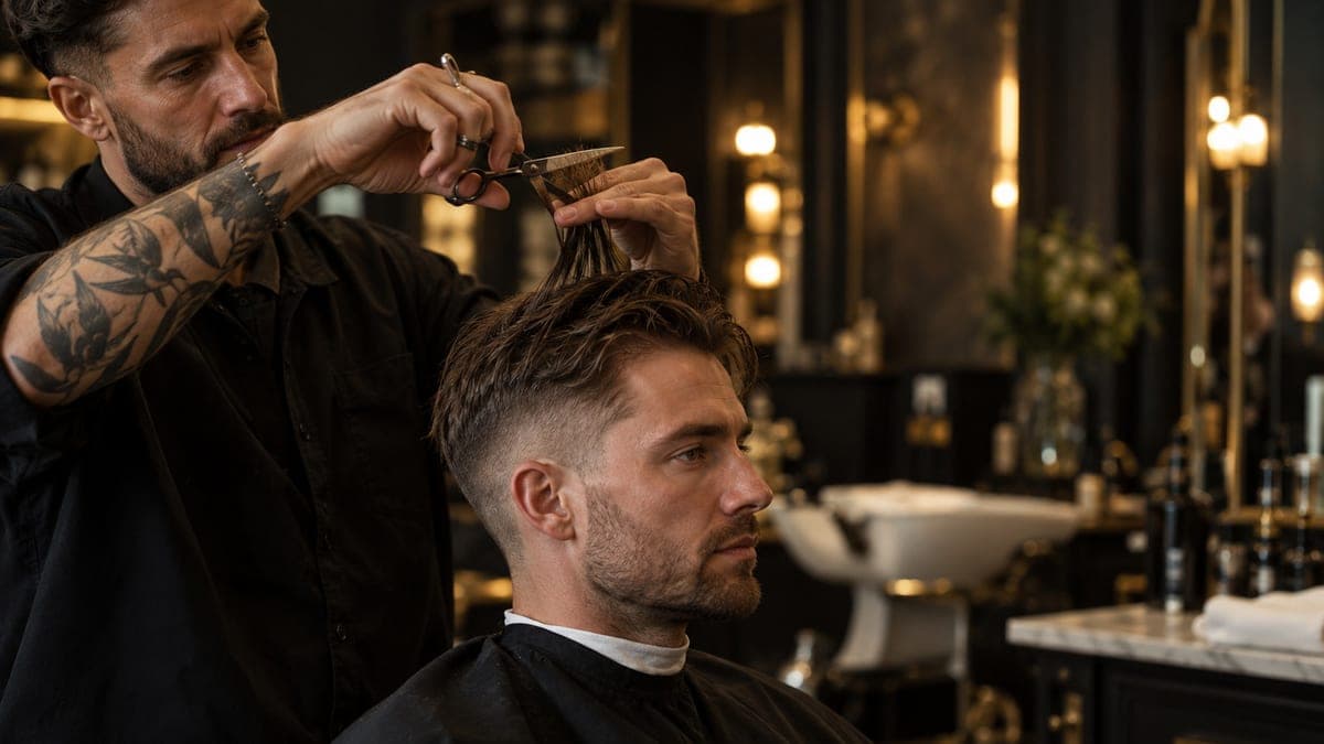 A barber lifting a section of hair on top of a seated man's head between his fingers and cutting into the ends with scissors, the short tapered sides below