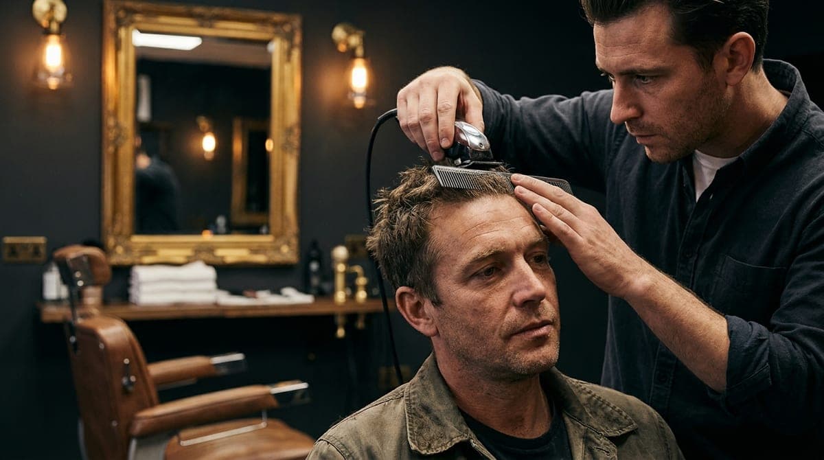 A barber working clipper over comb through the short top of a seated man's hair