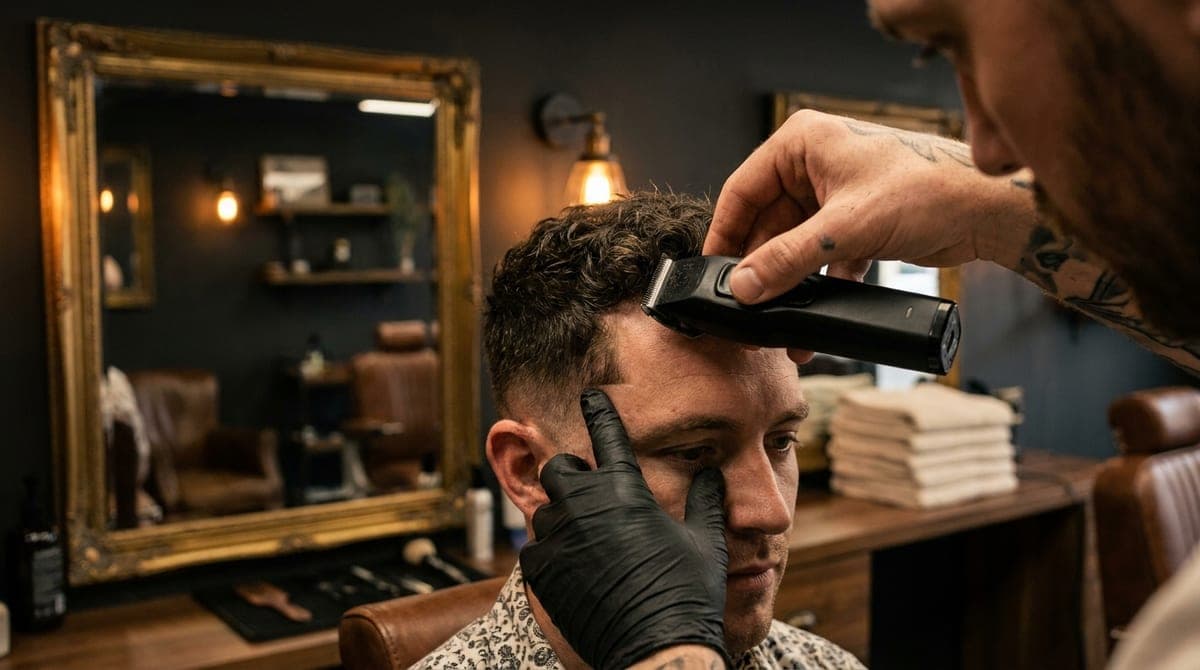 A barber squaring the corner of a seated man's front hairline with trimmers held flat against the skin