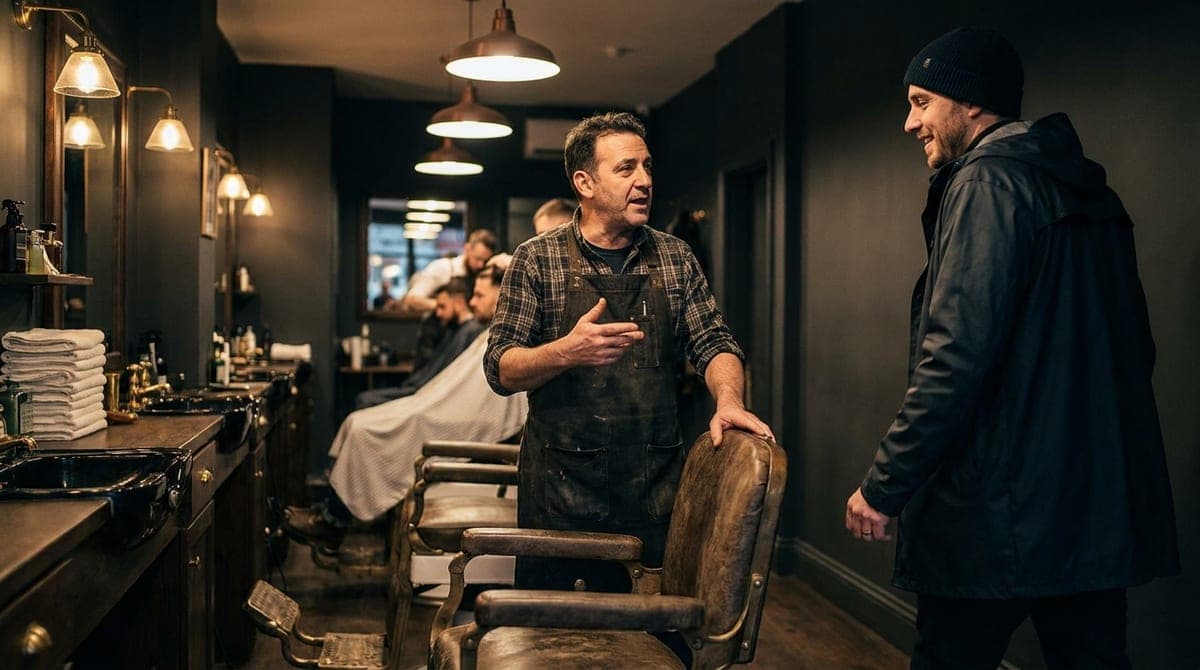A barber standing beside his chair talking to a customer who has just walked in, with the other chairs busy behind them