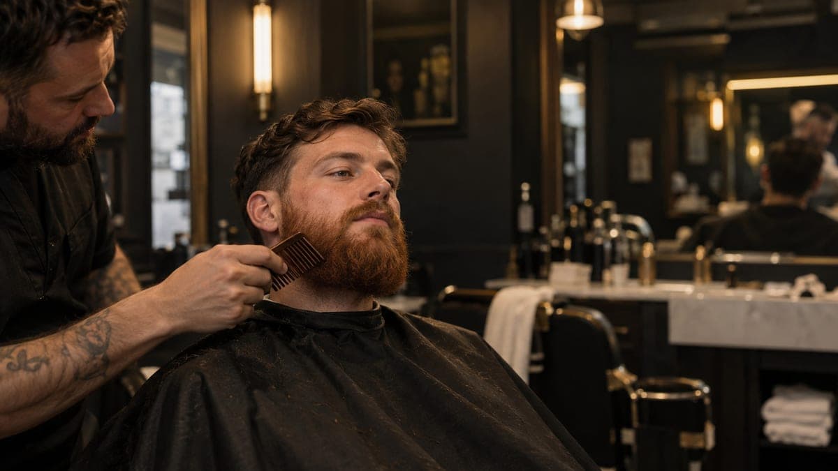 A barber lifting a customer's full red beard with a wooden comb, the hair on the customer's head a mid brown
