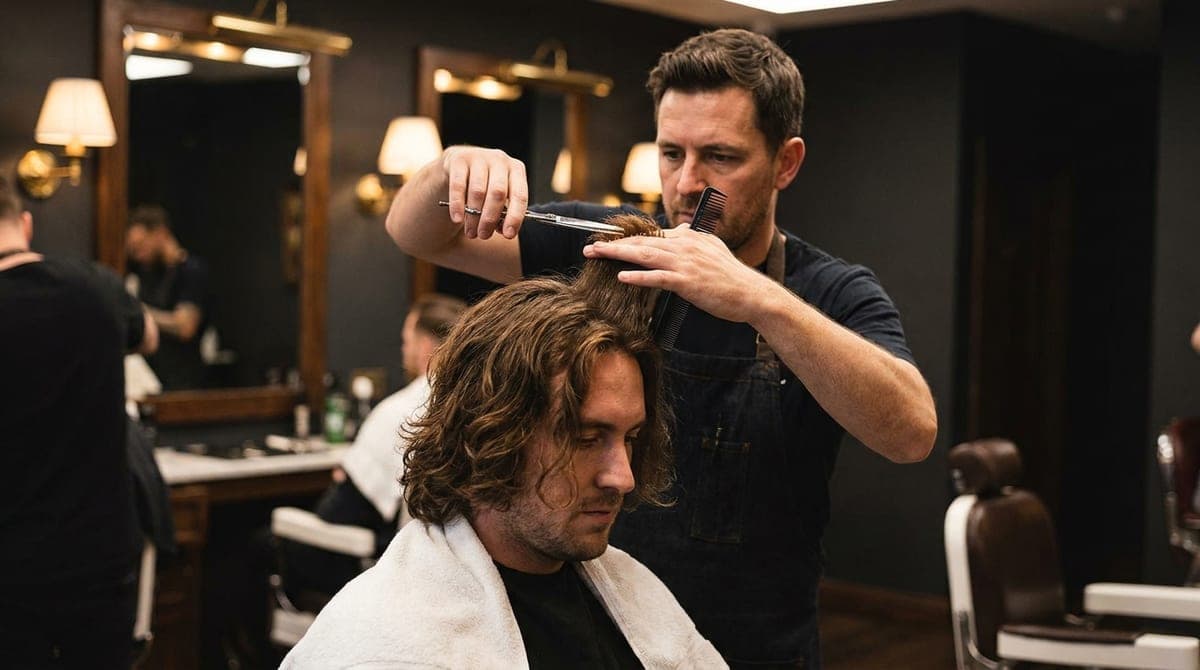 A barber point-cutting into the long layers on top of a seated man's shoulder-length hair with scissors