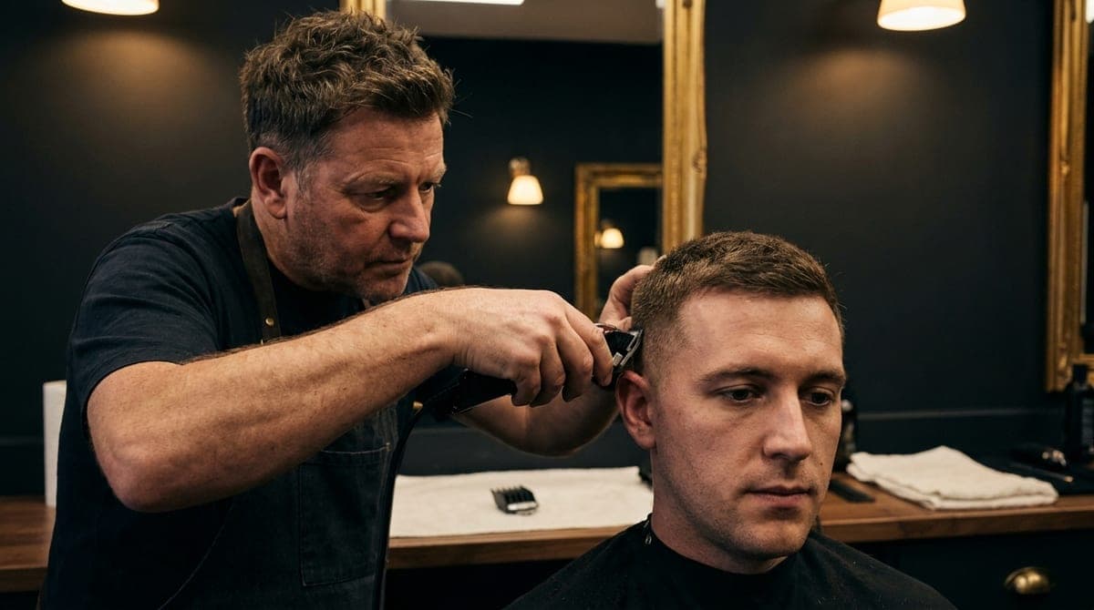 A barber running clippers with no guard fitted up the side of a seated customer's head